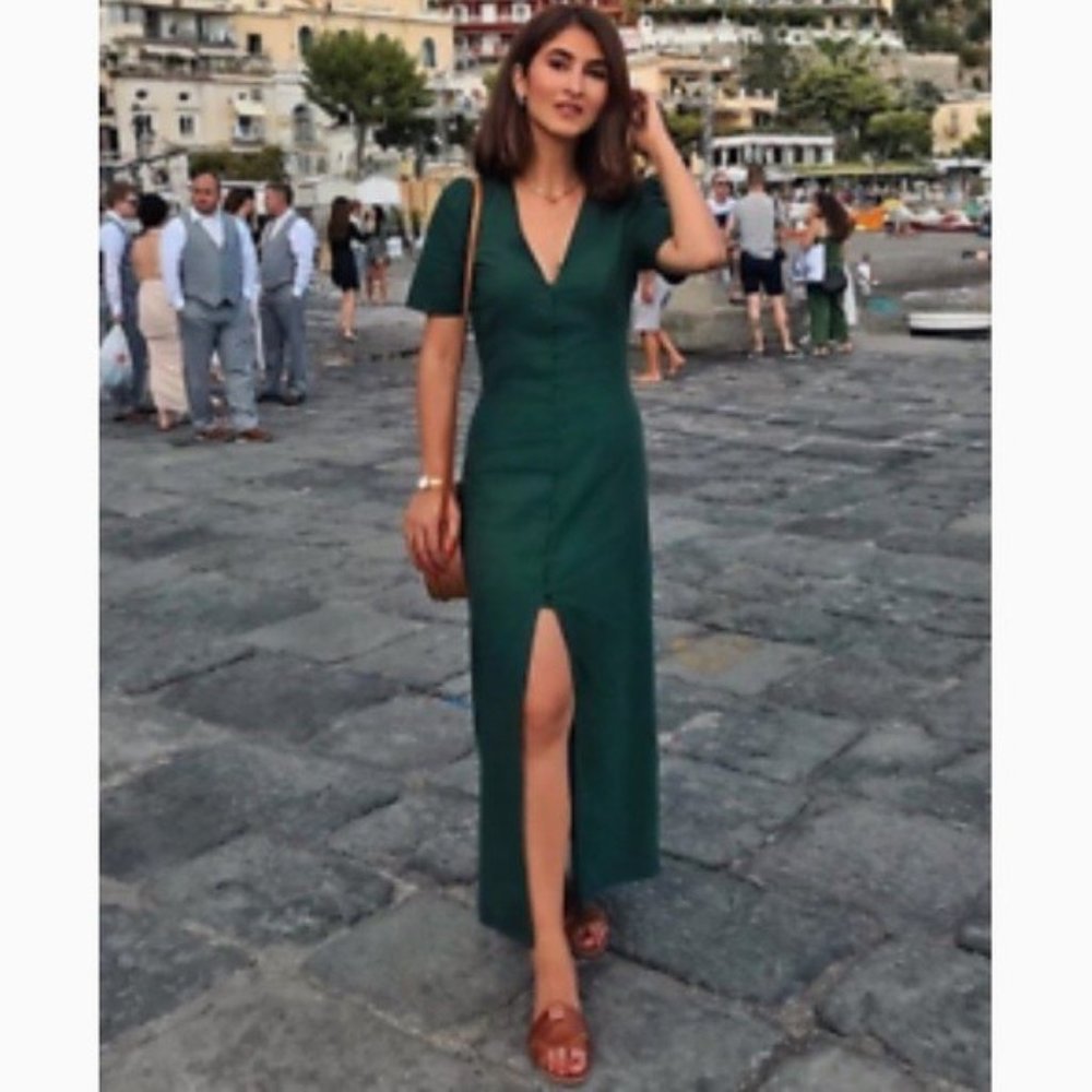 Zara Cotton Linen Green Slit Dress